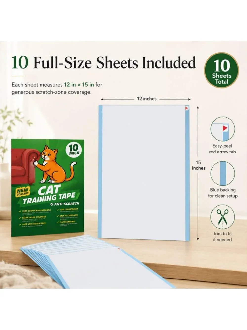 Double-Sided Cat Scratch Deterrent Tape – 10 Anti-Scratch Sticky Strips for
